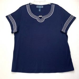 Karen Scott Embroidered Knit Shirt Navy Blue Short Sleeve Round Key Hole Neck
